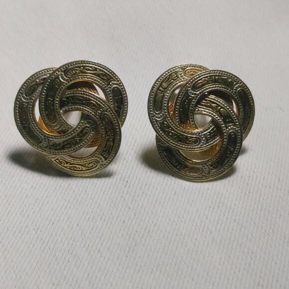 Damascene Spain Love Knot Vintage Gold Tone Ornate Clip On Earrings Etched - Picture 2 of 8